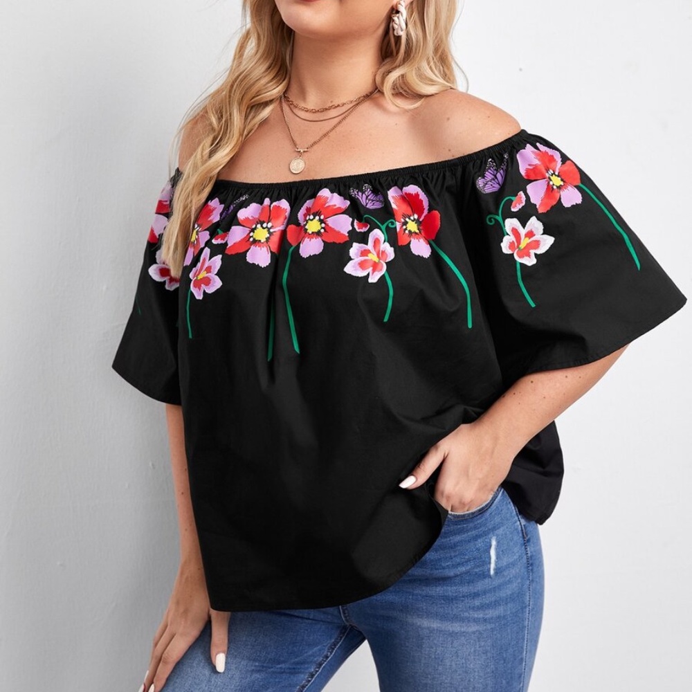 Plus Black Floral Off Shoulder Summer Blouse